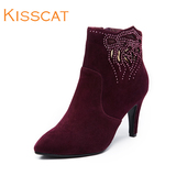KISS CAT/接吻猫2015女鞋秋新款尖头超高跟水钻短筒套脚正装靴子