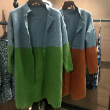 2015秋冬韩版中长款兔毛绒拼色撞色针织毛衣开衫外套羊毛开衫上衣