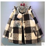 韩版童装2015秋冬新款女童格子毛球呢子大衣儿童时尚外套 上衣