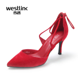 Westlink西遇女鞋2016春季新款高跟鞋细跟真皮交叉绑带鞋单鞋尖头