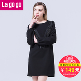 Lagogo/拉谷谷 冬季新款纯色圆领流苏长袖连衣裙EDB933E935