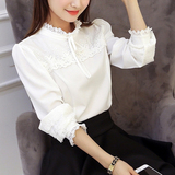 2016春季蕾丝雪纺衫韩版修身打底衫长袖女装上衣韩范立领衬衫