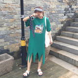 韩国ulzzang夏季女装宽松腰卡通中长款破洞休闲短袖t恤连衣裙学生