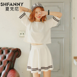 韩国条纹白色两件套连衣裙夏季宽松运动套装裙女学生短袖裙子短裙