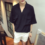 欧美风 夏季男士V立领套头亚麻男士短袖衬衫日系韩版宽松棉麻衬衣