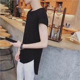 港仔日韩版修身中长款T恤男装夏季个性前短后长发型师打底衫潮流