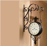 美式乡村铁艺时钟怀旧复古双面挂钟双面静音钟表壁挂钟家居装饰品
