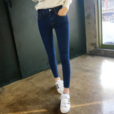 2016韩国代购新款蓝色高腰九分牛仔裤女小脚裤紧身弹力显瘦韩版潮