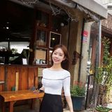 韩国代购正品女装 夏款打底衫修身显瘦弹力一字领中袖薄款针织T恤