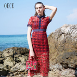 Oece2016夏装新款女装 淑女蕾丝连衣裙夏高腰修身包臀红色TS037