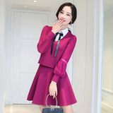 2016春秋韩版时尚两件套拼接纯色修身衬衫长袖针织连衣裙女套装