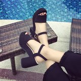 Ocandy品牌 2016夏季新品韩版防水台高跟粗跟一字扣带罗马女凉鞋