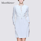 MeetMetro品牌女装2016春装新款长袖显瘦白色花边雪纺连衣裙