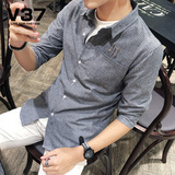 V37夏季新款男士五分袖衬衫韩版潮男装修身衬衣青年休闲条纹寸衫