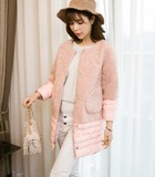 韩版新款甜美直筒显瘦圆领羊羔毛呢大衣拼接中长款羽绒棉服外套女