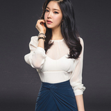 爱熹尔2016春季新款长袖雪纺衫韩版透视性感白色百搭雪纺上衣女