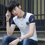 夏季短袖男士T恤青少年韩版纯棉翻领POLO衫修身有领带领潮男体恤