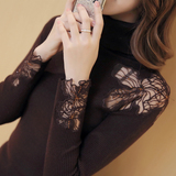 迷简2016春装新款韩版女装蕾丝烫钻针织衫修身弹力打底衫高领毛衣