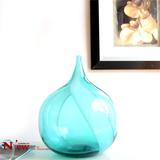 蓝色水晶玻璃花瓶 欧式现代家居客厅装饰摆件 人工吹制手工艺术品