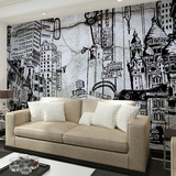 3D立体大型壁画复古墙纸客厅沙发电视背景墙壁纸黑白艺术城市建筑