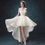 法国蕾丝修身一字肩公主新娘前短后长拖尾婚纱礼服2016新款3196