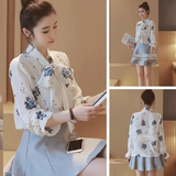 小蕾2016女装韩版小清新时尚气质印花系带领长袖雪纺百搭休闲衬衫