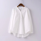 韩版外贸原单女装出口余单真品大牌剪标V领宽松长袖白色衬衫衬衣