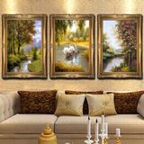 三联天鹅湖客厅油画手绘欧式风景美式定制组合挂画现代装饰画壁画