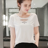 韩国夏装宽松大码女装纯色简约破洞字母短袖女T恤上衣体潮牌代购