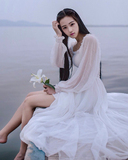 春夏新款白色仙女风大摆长裙波西米亚沙滩裙灯笼袖长款雪纺连衣裙