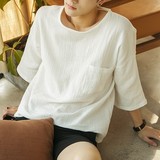 夏季新款潮流个性七分袖T恤男韩版圆领日系复古宽松纯色中袖半袖t
