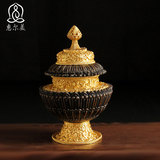 尼泊尔手工艺 藏传佛教密宗法器供具八吉祥米盒 宝瓶米罐纯铜镀金