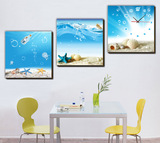 地中海风情装饰画三联画客厅餐厅挂画沙发背景画壁画蓝色海星贝壳