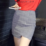 2016韩版新款韩版包裙A字裙黑白格子包臀裙高腰修身短裙半身裙女