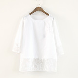 白色短袖t恤女夏装新款欧根纱刺绣上衣修身蕾丝打底衫女棉卫衣潮