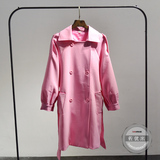 韩国定制秋季粉色中长款灯笼袖甜美系带收腰双排扣气质款风衣外套