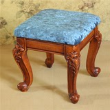 包邮欧式红木色雕花小方凳 孔雀蓝布艺小矮凳子 实木儿童小木凳子