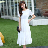 2016韩国新款短袖白色雪纺连衣裙少女学生夏天长款甜美夏裙学院风