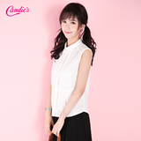 Candie's2016夏装新款 甜美纯色无袖拼接单排多扣衬衫女30062278