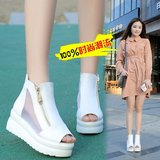 鱼嘴凉鞋女式白色2016夏季韩版坡跟厚底罗马鞋网纱侧拉链高跟女鞋