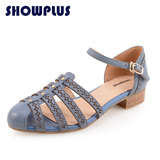 SHOWPLUS/秀派夏季新款真皮凉鞋女镂空包头花朵搭扣舒适低跟女鞋