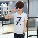 韩版男士圆领短袖t恤纯棉夏季新款印花卡通字母修身半截袖打底衫