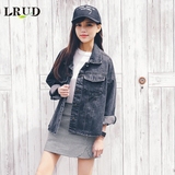 LRUD2016春季新款韩版长袖宽松牛仔外套女BF风短款磨破夹克上衣