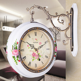 双面挂钟客厅实木手绘两面创意欧式简约时钟 现代静音石英钟表