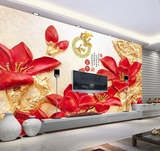 无缝壁画无缝墙布3D浮雕壁纸红色玉兰花壁布客厅电视沙发背景墙纸