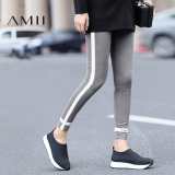 Amii2016秋季新款百搭休闲弹力长裤修身条纹运动打底裤女紧身外穿