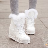 2015韩版真兔毛女鞋秋冬季新款松糕厚底短靴内增高高跟雪地靴白色
