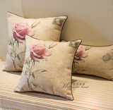 欧式田园棉麻布艺 粉紫玫瑰方款 沙发靠垫套/抱枕/腰枕/靠枕