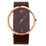 CK手表香港代购凯文克莱镂空玫瑰金透明棕色皮带石英女表K9423303