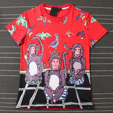 潮牌上红下黑手绘三只猴子皇冠猴年卡通丝绸棉短袖T恤男女情侣装